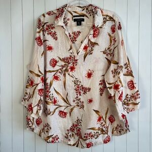 Tahari plus size 1X popover top 100% linen off white red floral 3/4 sleeve